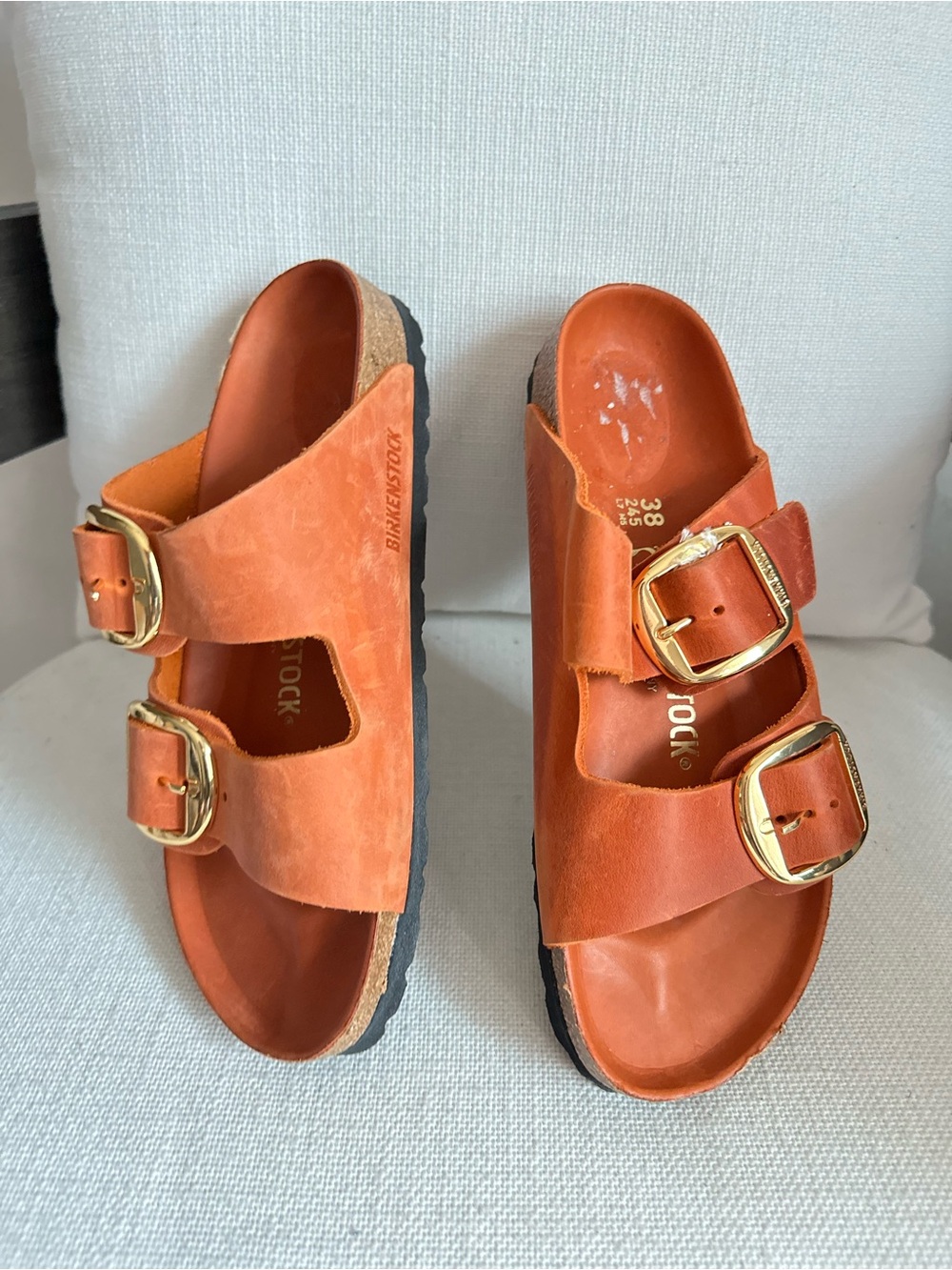 Birkenstock Orange Leather Two-Buckle Sandals with Gold Buckles - Picture 5 of 5